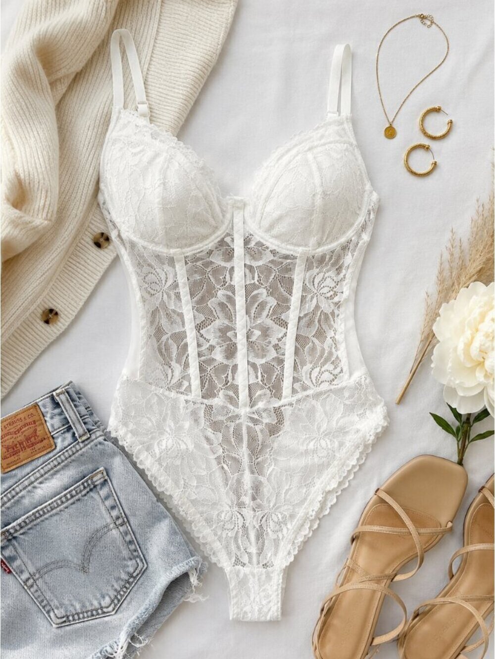 Lace Corset Bodysuit Small White Sheer Underwire Lingerie One Piece